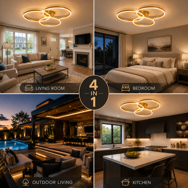 Modern LED Ring Ceiling Light – Gold Dimmable Flush Mount Chandelier Ceiling Lamp 1 Ring or 3 Ring